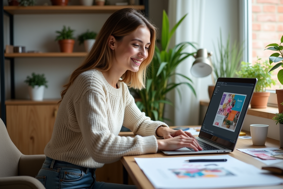 Jeune femme en sweater travaillant sur un poster digital dans un bureau lumineux