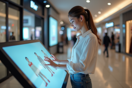 Jeune femme interagissant avec un écran tactile dans un centre commercial moderne