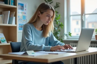 Jeune femme concentrée sur son ordinateur dans une chambre lumineuse