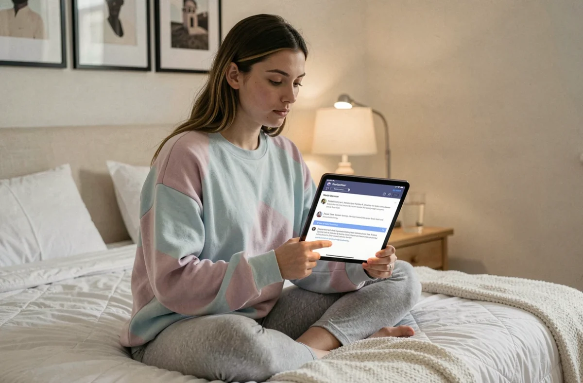 Jeune femme lisant les règles d'un serveur Discord de roleplay sur une tablette dans sa chambre