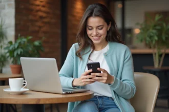 Jeune femme au café utilisant son smartphone pour un document