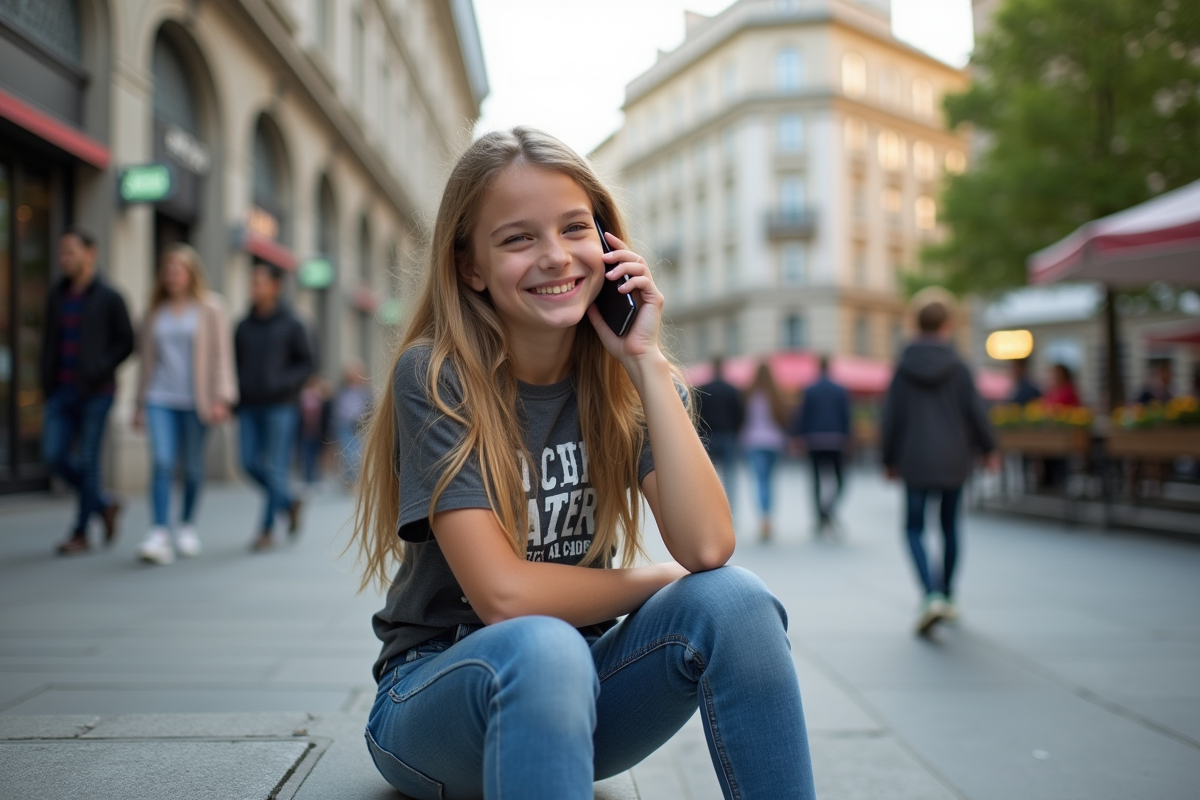 Jeune fille souriante avec smartphone en ville moderne