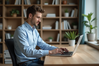 Jeune homme en bureau avec ordinateur portable et étagères