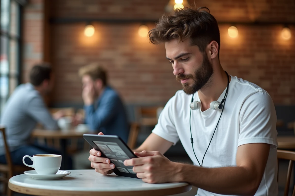 Jeune homme parcourant le catalogue Kindle sur une tablette dans un café urbain