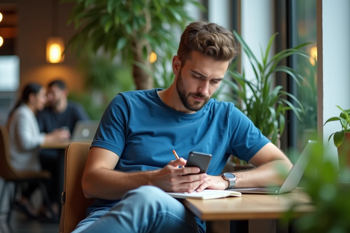 Jeune homme prenant des notes dans un espace de coworking dynamique