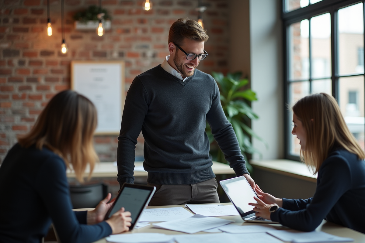 Jeune homme discutant avec collègues dans un espace de coworking lumineux