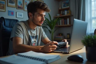 Jeune homme concentré jouant sur console portable et ordinateur