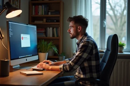 Jeune homme concentré devant un ordinateur avec erreur de pilote