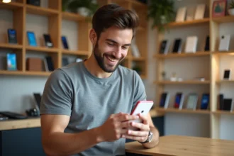Jeune homme examine un smartphone dans un magasin moderne