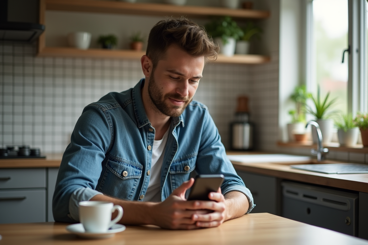 Jeune homme regardant une application de transcription sur son smartphone