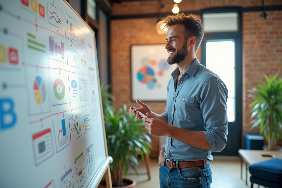 Jeune homme expliquant des stratégies SEO devant un tableau blanc