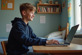 Adolescent souriant utilisant un ordinateur portable dans sa chambre
