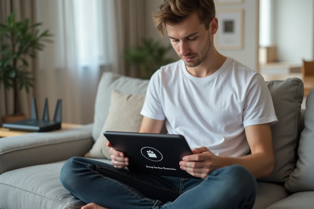 Jeune personne sur canapé utilisant une tablette pour restaurer des messages via une sauvegarde automatique