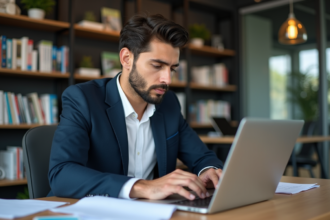 Jeune homme professionnel travaillant sur son ordinateur dans un bureau moderne