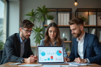 Groupe de jeunes professionnels discutant de graphiques au bureau