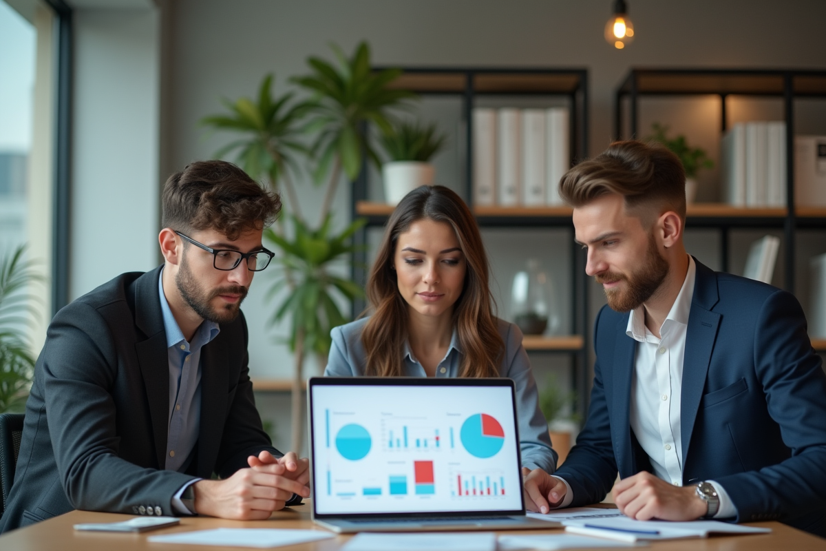Groupe de jeunes professionnels discutant de graphiques au bureau
