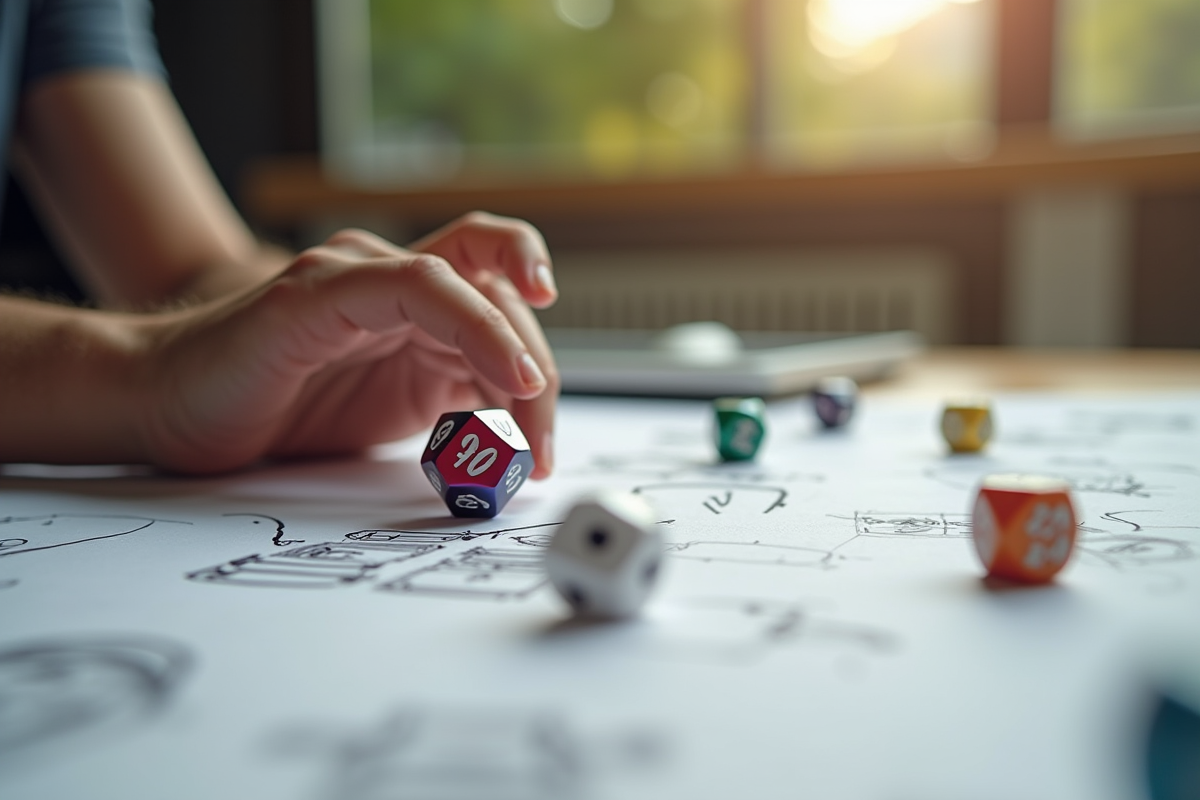 Main faisant rouler un dé coloré sur des plans de conception de jeu