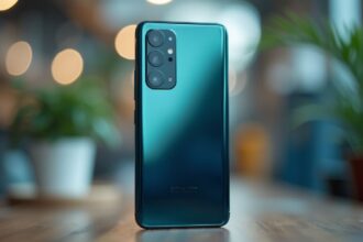 smartphone Samsung reconditionné sur fond neutre avec étiquette écologique