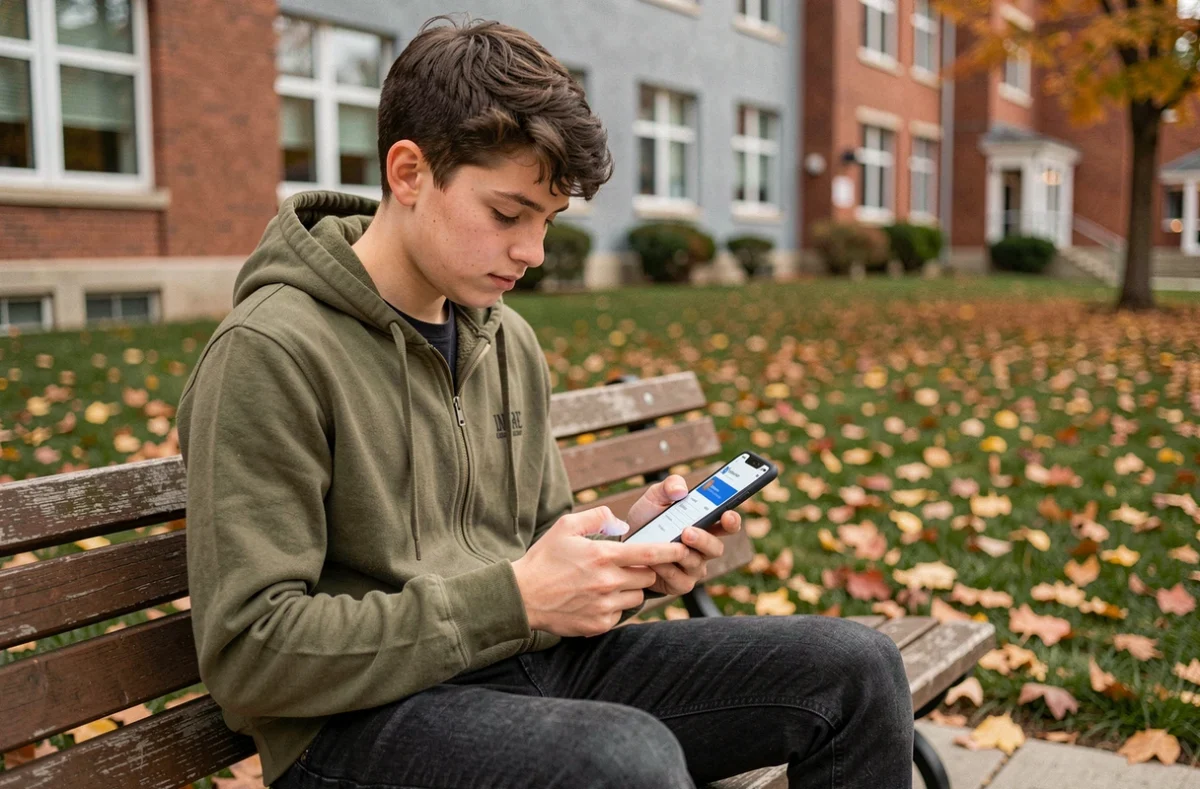 Lycéen se connectant au Webmail AC Rennes sur téléphone portable assis dehors dans la cour de son établissement scolaire