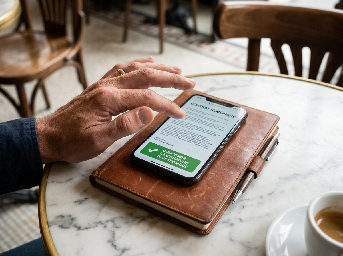 Gros plan sur des mains de freelance validant une signature électronique qualifiée sur smartphone dans un café parisien