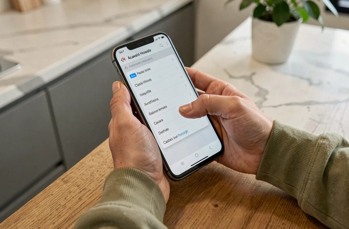 Mains tenant un smartphone Huawei affichant le menu presse-papier Android sur un plan de travail de cuisine