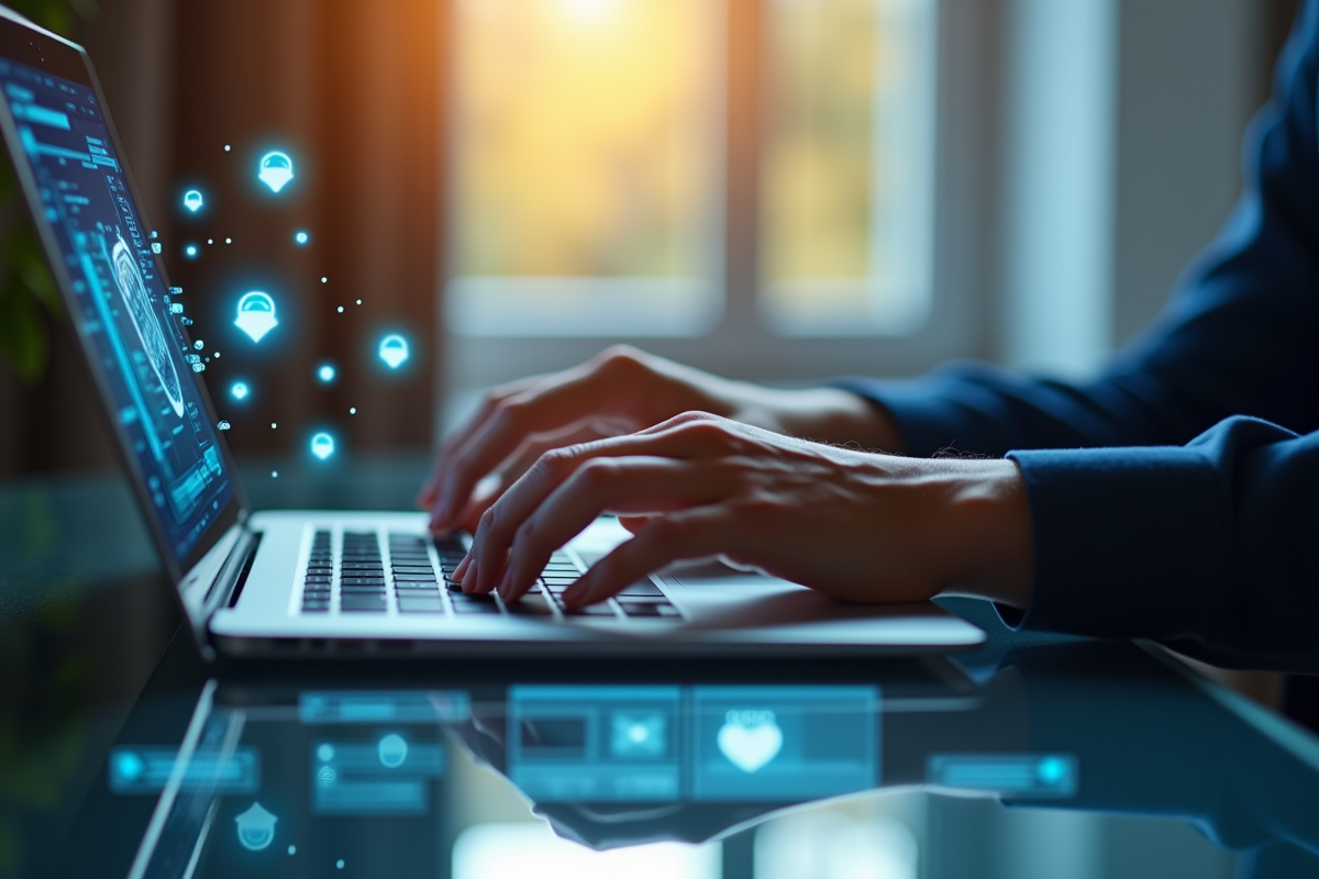 Mains tapant sur un ordinateur avec hologrammes de protection et symboles d