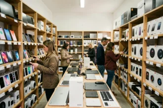 Vue générale d'une boutique de matériel électronique reconditionné en Nouvelle-Aquitaine avec des rayons bien organisés