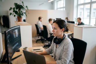 Femme professionnelle en open space montant une vidéo d'entreprise avec un casque audio sur les oreilles