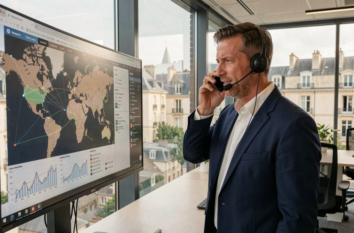Un consultant réseau de l'agence Nomios à Tours supervisant un tableau de bord de surveillance réseau avec vue sur la ville