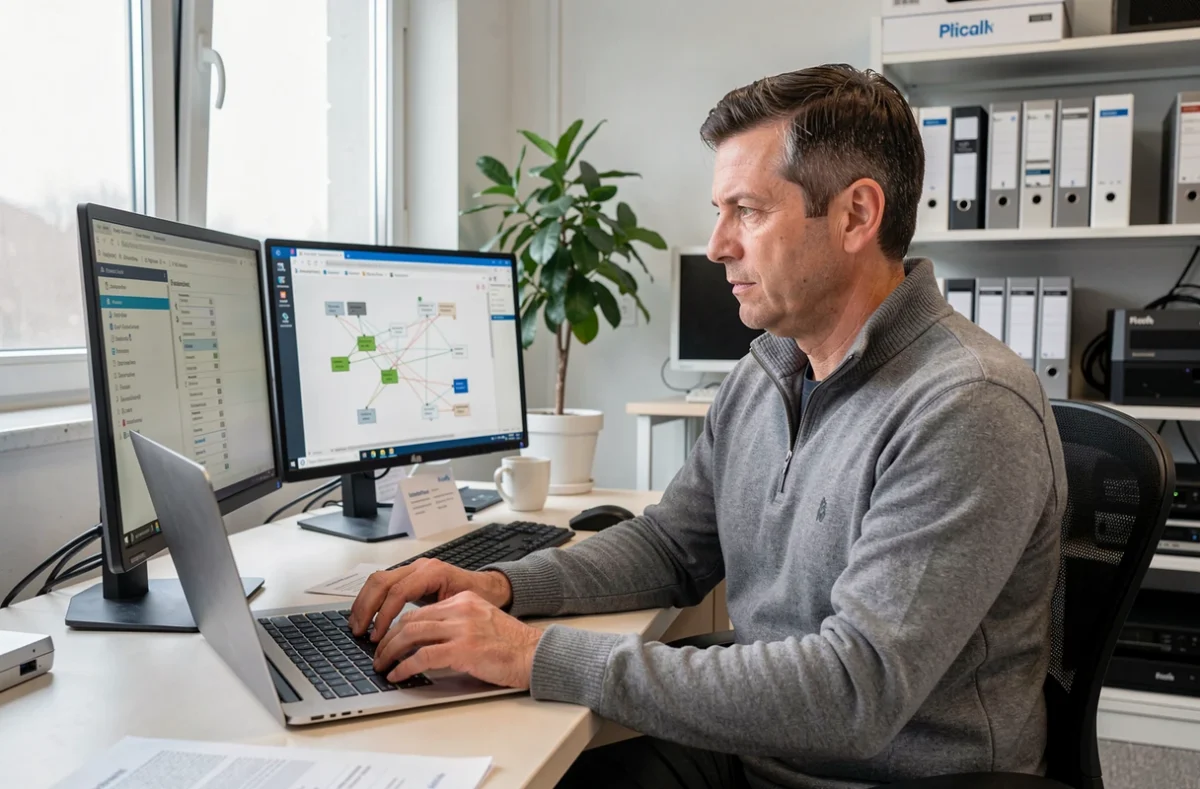 Un consultant d'OCI Informatique configurant une politique de sécurité réseau pour un client dans un bureau régional bien organisé