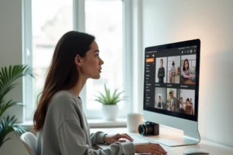 Femme travaillant sur un ordinateur pour optimiser la qualité de ses photos avant publication sur les réseaux sociaux
