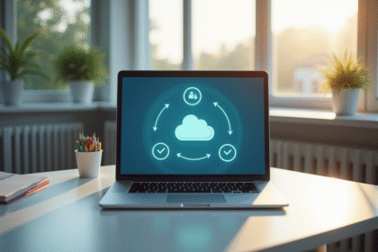 Ordinateur portable moderne sur un bureau lumineux avec synchronisation cloud