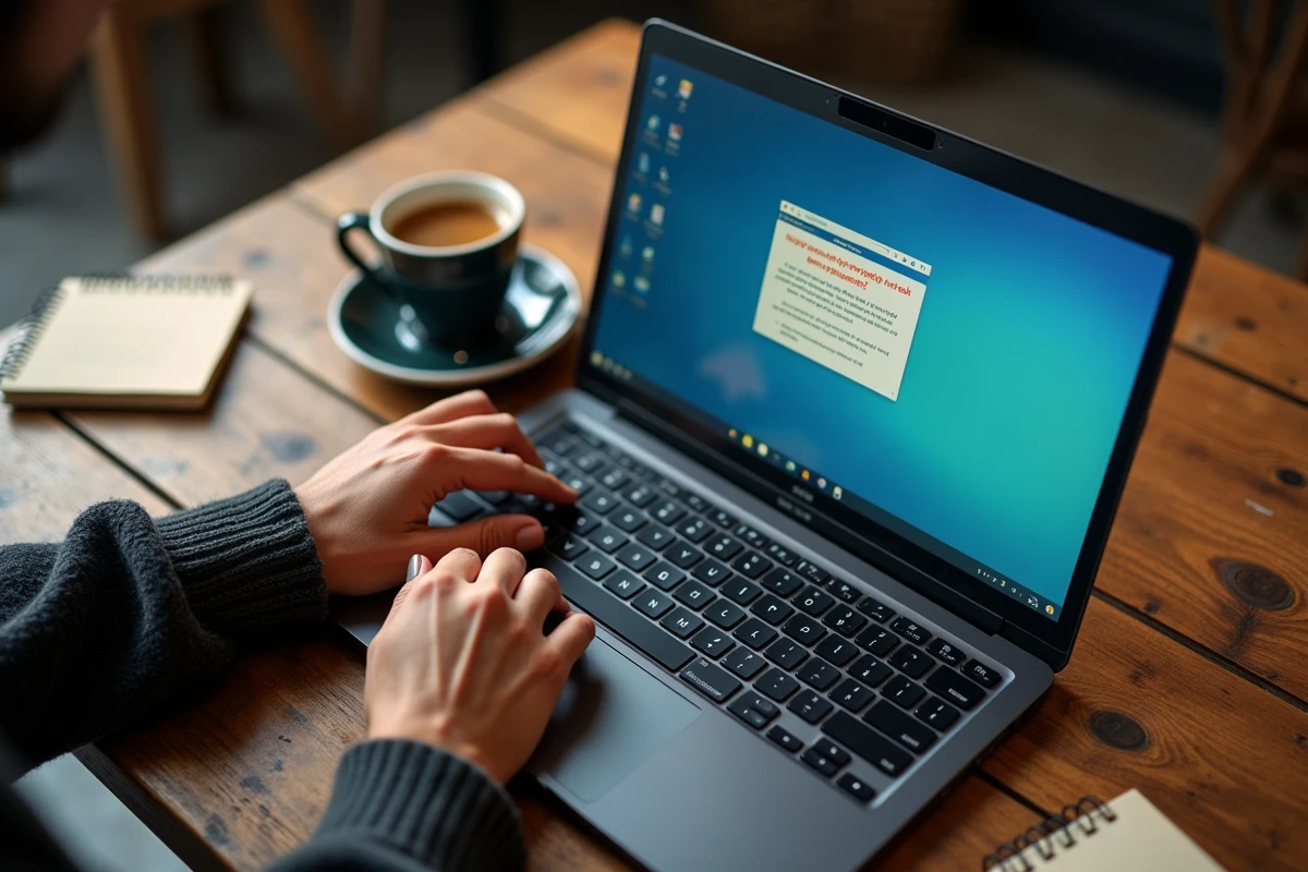 Mains sur un ancien ordinateur portable affichant Windows 7 avec un avertissement de fin de support et de protection des données dans un café