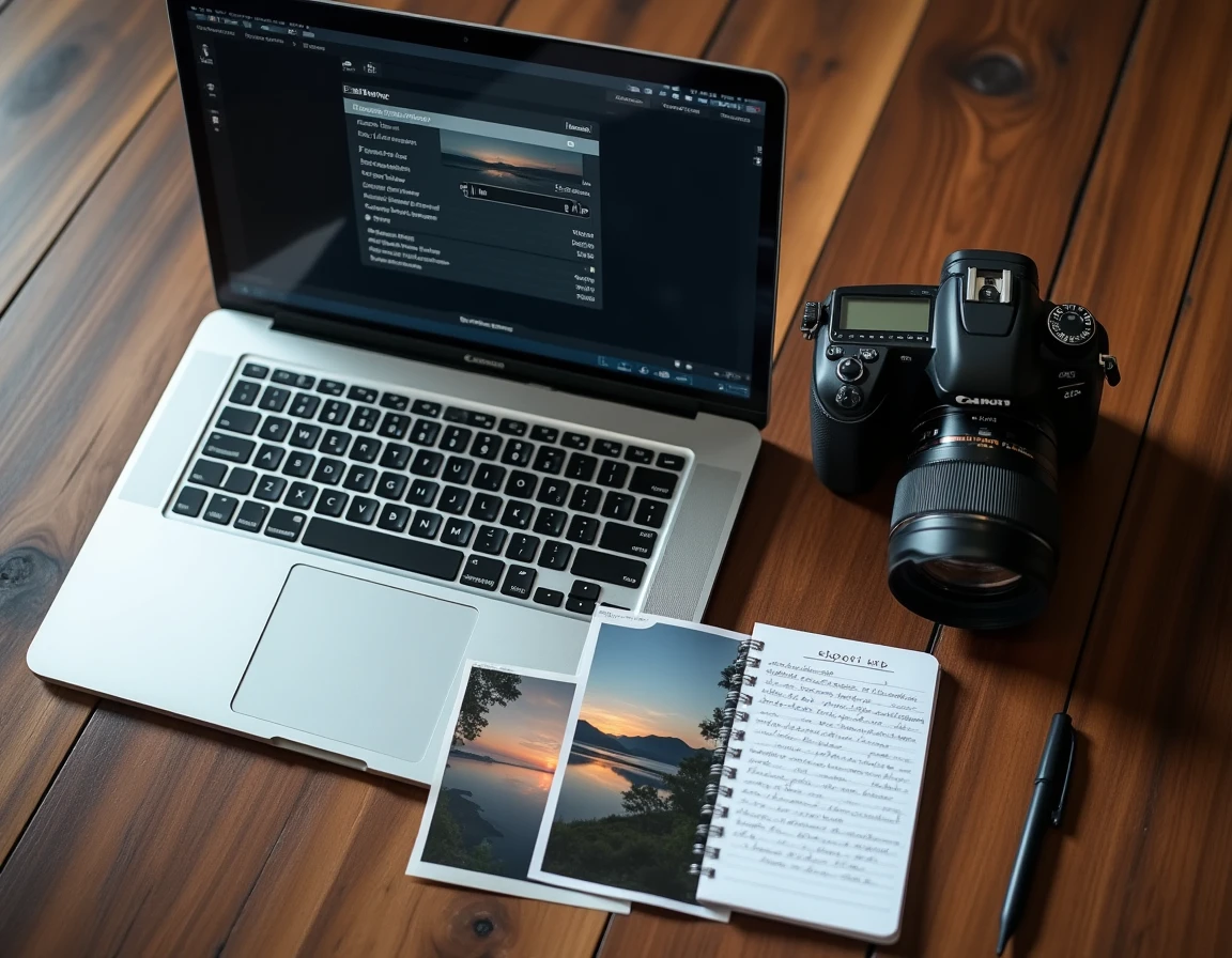 Poste de travail photographe avec ordinateur affichant les paramètres d'exportation photo pour réseaux sociaux