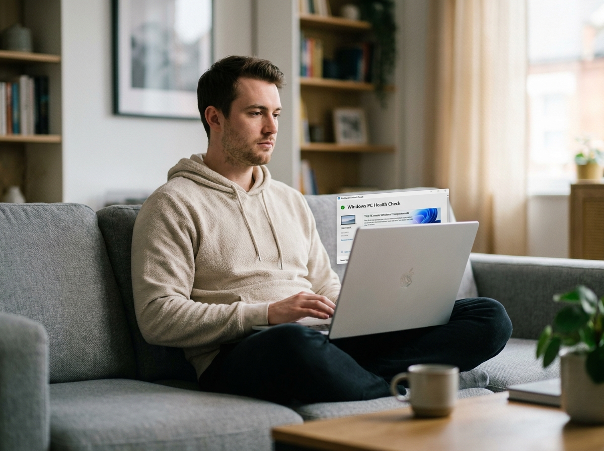 Jeune homme utilisant l'application PC Health Check sur un ordinateur portable pour vérifier si son PC est compatible avec Windows 11