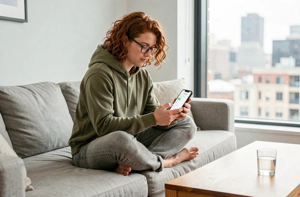 Personne en appartement consultant les paramètres de récupération de mot de passe sur son smartphone