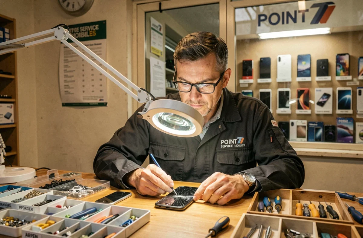 Technicien de Point Service Mobiles Agen examinant un smartphone endommagé sous une loupe éclairante