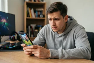 Jeune homme tenant un smartphone Android avec Fortnite affiché à l'écran, assis à un bureau, expression concentrée lors d'un problème de connexion