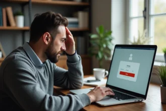 Homme frustré devant un ordinateur portable affichant une erreur de connexion sur un compte mail Free
