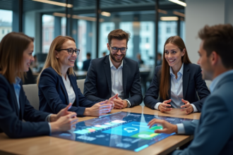 Groupe de jeunes professionnels autour d'une table avec interface digitale