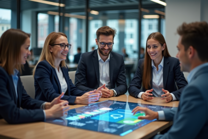 Groupe de jeunes professionnels autour d'une table avec interface digitale