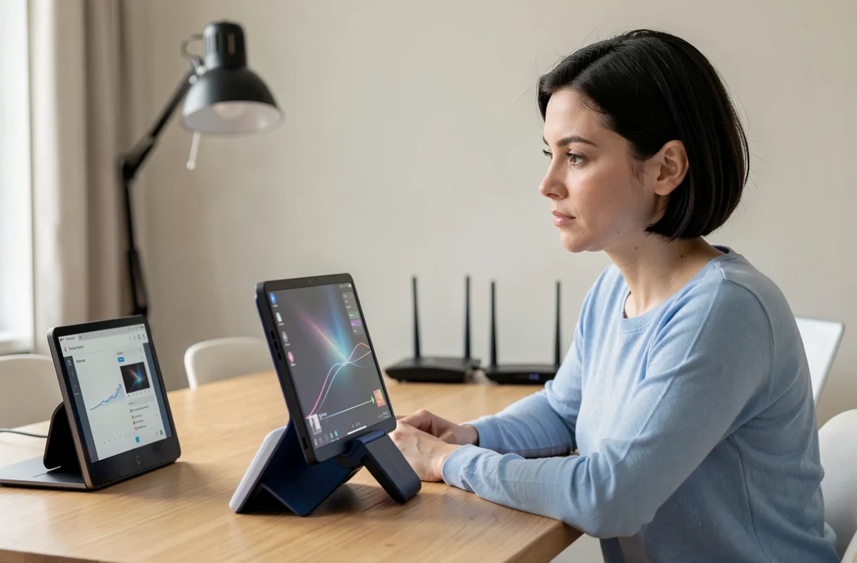 Femme utilisant la PS Portal en mode cloud gaming sur un bureau à domicile avec connexion internet visible en arrière-plan