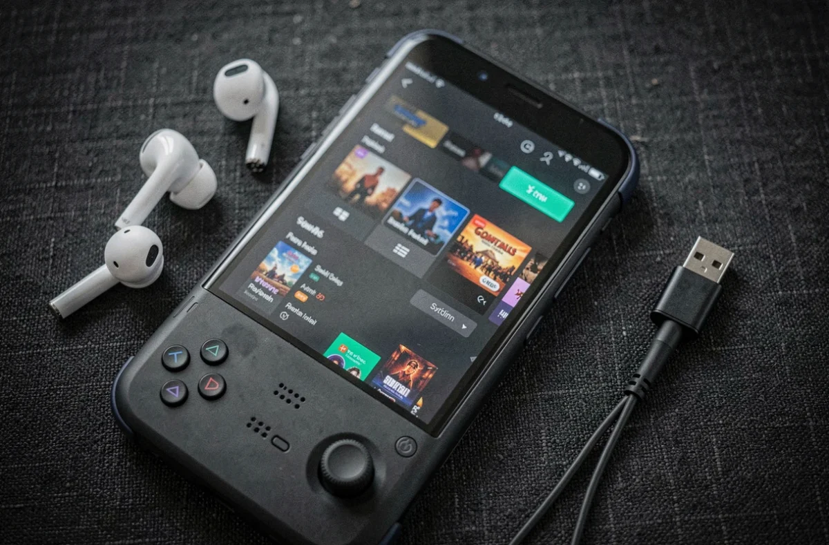 Vue de dessus de la PlayStation Portal posée sur une surface textile avec câble USB-C et écouteurs, illustrant la compatibilité cloud gaming