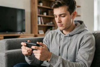 Homme jouant sur la PlayStation Portal en cloud gaming depuis son salon, écran portable Sony tenu à deux mains