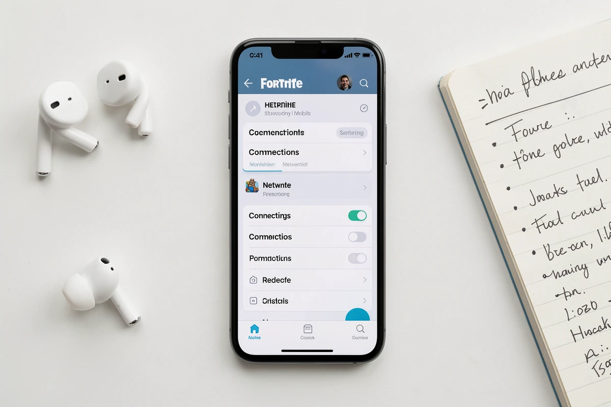 Vue de dessus d'un smartphone affichant le menu de réglages réseau Fortnite mobile, posé sur un bureau blanc avec écouteurs et notes manuscrites