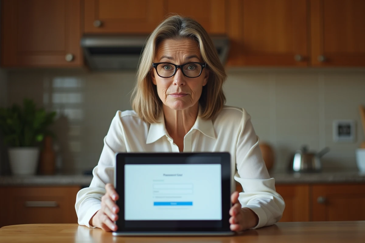 Femme consultant un formulaire de réinitialisation de mot de passe sur une tablette dans une cuisine