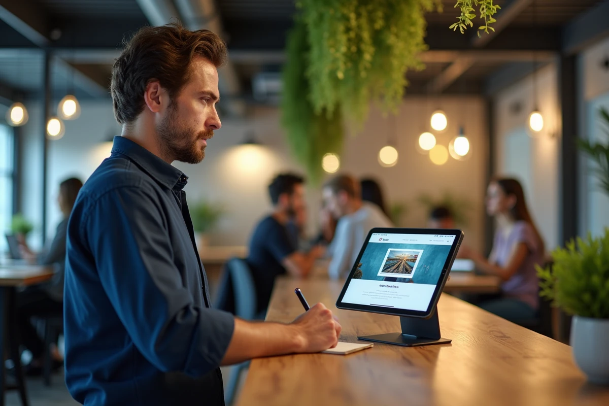 Responsable de contenu consultant un outil de génération de liens d'images stables sur une tablette dans un espace de coworking