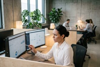 Responsable IT analysant un logiciel sur écran dans un open space moderne, comparant solutions standard et sur-mesure