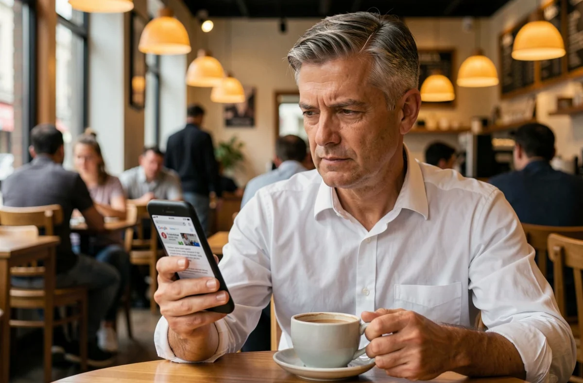 Homme consultant son smartphone face à une restriction d'accès Google USA dans un café