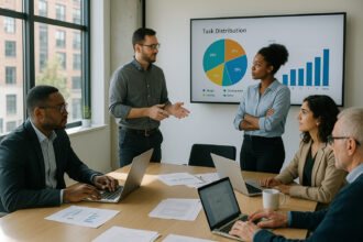 Photo hyperrealiste d'une réunion d'équipe moderne dans un bureau lumineux